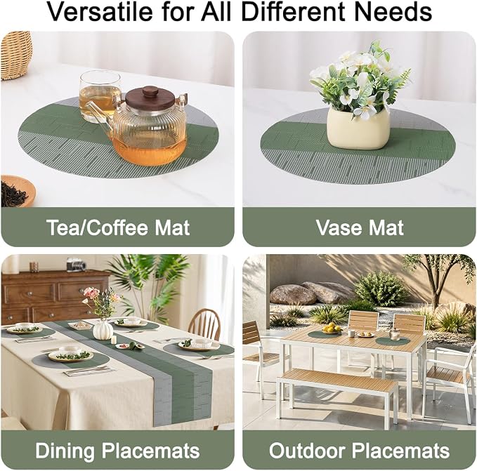 Round Placemats Set of 6, 15 Inch Woven Vinyl Heat Resistant Place Mats, Washable Non Slip PVC Table Mats for Kitchen Dining Party Outdoor Table Decor (Gray Sage Green, 6)