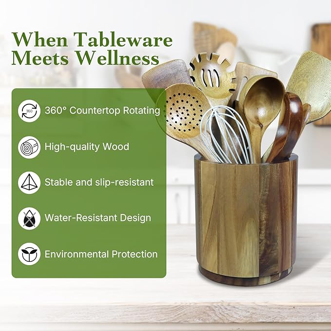 Acacia Wooden Utensil Holder for Kitchen Counter,360° Rotating 6.9" Wooden Cooking Utensil Crock for Countertop,Non-Slip Large Utensils Holders