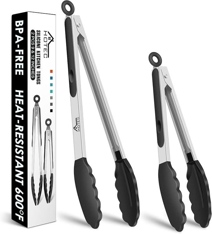 HOTEC Premium Stainless Steel Locking Kitchen Tongs with Silicon Tips, Set of 2-9" and 12"