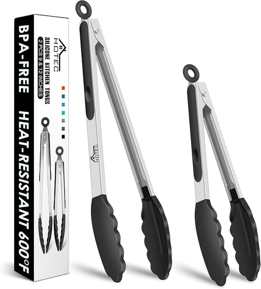 HOTEC Premium Stainless Steel Locking Kitchen Tongs with Silicon Tips, Set of 2-9" and 12"