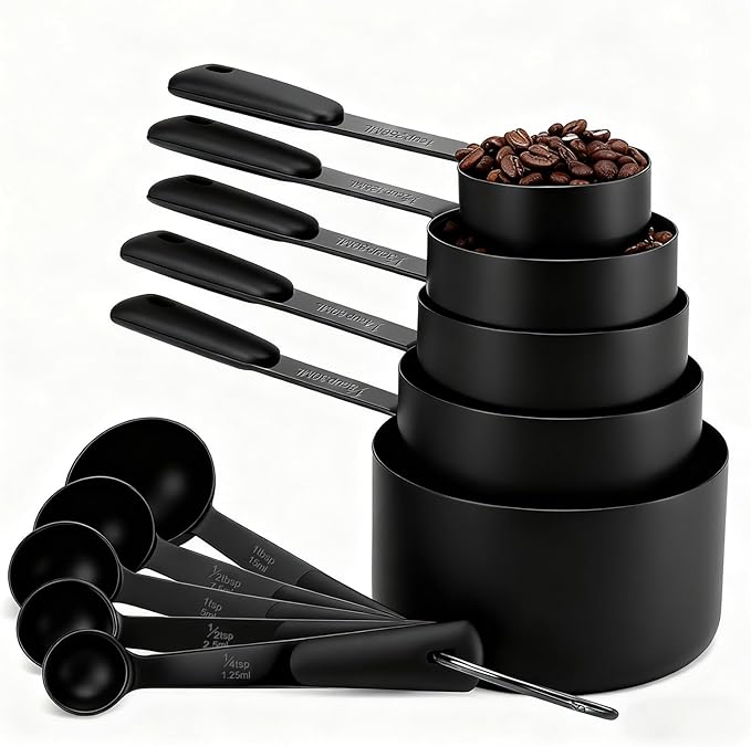 Bopei Measuring Cups and Spoons Set, Titanium-Plated Matte Black Stainless Steel 10 Piece for Cooking and Baking (5 Cups + 5 Spoons All Black)