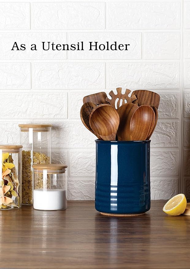 ABRUTY Utensil Holder, 6.7" Ceramic Kitchen Utensil Crock for Countertop Cooking, Modern Utensil Caddy Jar Organizer for Farmhouse Kitchen Counter Décor, Flambe Blue