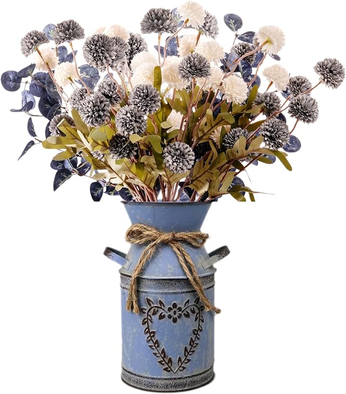 16.5''H Fake Flowers in Vase for Centerpiece Table Decorations with 10Pcs Fake Mums Flowers Eucalyptus Stems Faux Pompon Kiku Flowers Arrangement for Home Farmhouse Decor (Blue and White)
