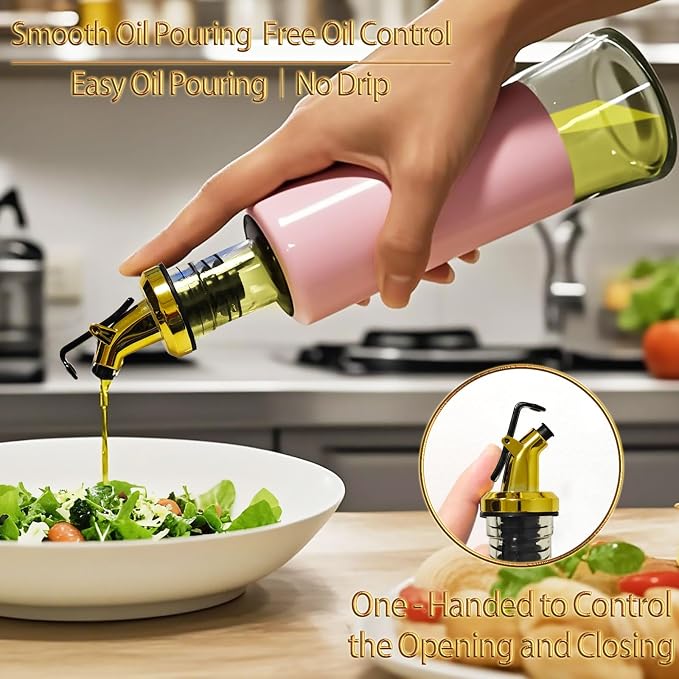 Miao’er Olive Oil Dispenser Bottle for Kitchen Set of 2, Golden Non-Drip & Leakproof Spout, One-handed Hold, With Pink Funnel for Easy Filling, 10OZ/300ML(PINK)