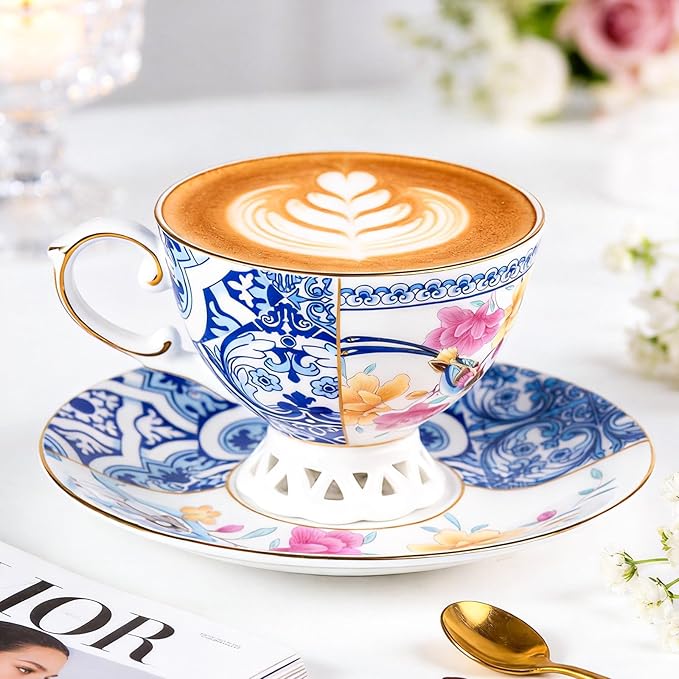 KAMMAK Tea Cups and Saucers Set of 2, Fine Bone China Coffee Cups, Stackable Espresso Mugs, Ceramic Demitasse for Coffee, Cappuccino, Latte, Americano, Tea, Blueprint of Prosperity