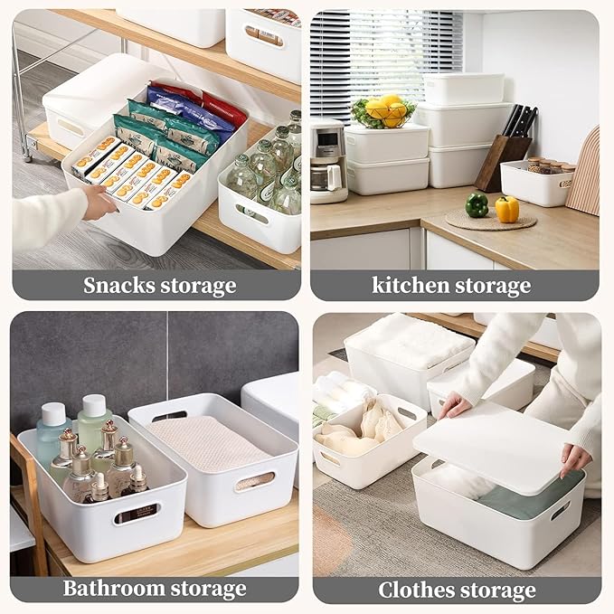 Ytteve 6 Pack White Stackable Plastic Storage Bins with Lids & Handles, Durable - 4 Large (14.4"x10.2"x6.3") & 2 Medium (11.8"x8"x4.7"), Multi-size for Closet, Shelves, Drawers, Home & Office