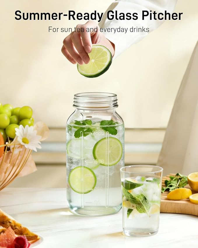 64 oz Glass Pitcher with Lid, Large Wide Mouth Mason Jar with Pour Spout, White Sun Tea Glass Jar for Outside, Breastmilk Pitcher Great for Drink, Cold Beverages and Breast Milk