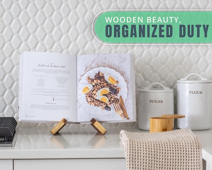 Comfify Acacia Wood Cookbook Stand – 8.5" D × 5" W × 7.36" H | Acacia wood; 8.5"D x 5"W x 7.36"H; two-piece assembly; vintage brown; recipe book, tablet, art display