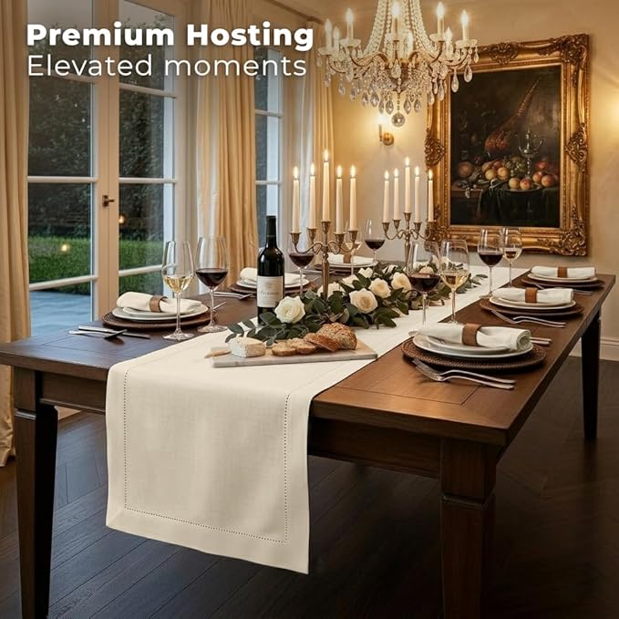 Signature Linen™ by D'Moksha Ivory Table Runner 60 Inches, 100% Pure Linen, Hemstitch, Coffee Table Runner, 14 x 60 Inch for Dresser Tables- Summer, Father's Day