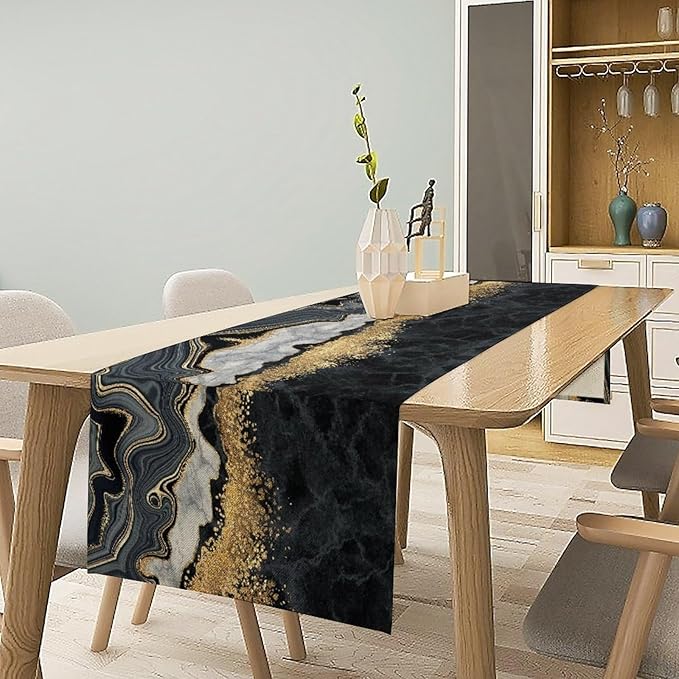 Marble Table Runner, Modern Luxury Foil Cracked Texture Black Gold Marble Printed Linen Table Runners for Kitchen Living Room Farmhouse Dining Room Party Home Decor 13" W x 90" L