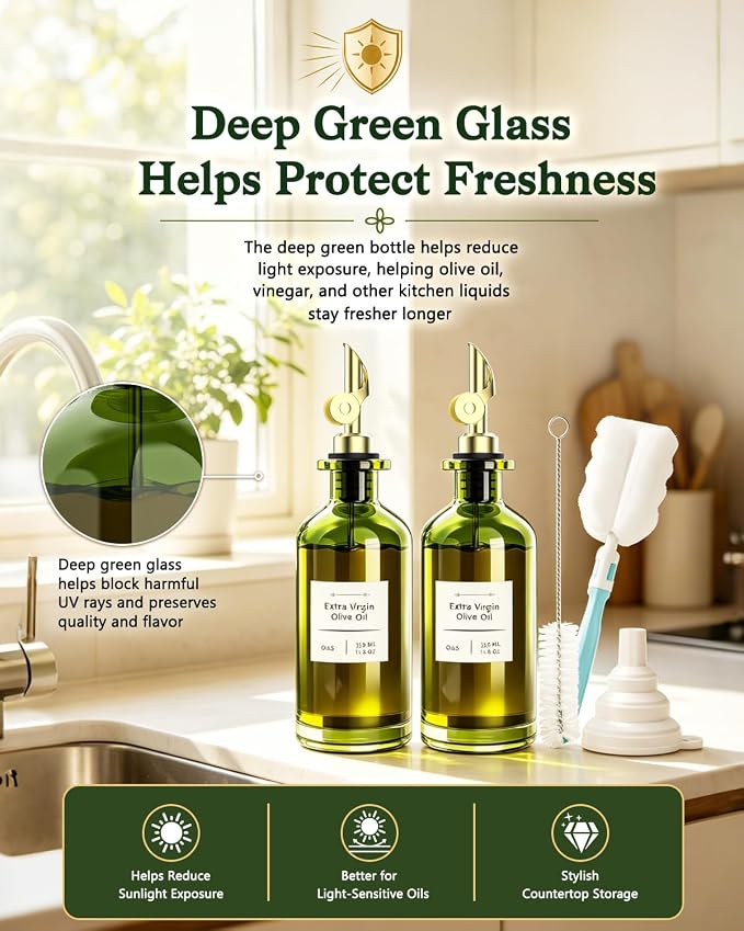 COOLMI Olive Oil Dispenser Set of 2, Dark Green Glass Bottles, 12 oz | Gold Auto-Flip Spouts, Funnel, 2 Cleaning Brushes, and 45 Labels for Olive Oil, Vinegar, and Avocado Oil
