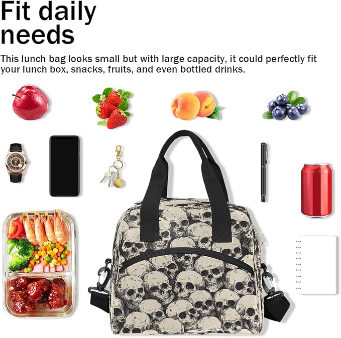 Halloween Skull Skeleton Insulated Lunch Bags for Women Girls Adult Ethnic Reusable Lunch Tote Therma Cooler Bag with Shoulder Strap Lunch Box for School Work Office Picnic Meal Prep Bag