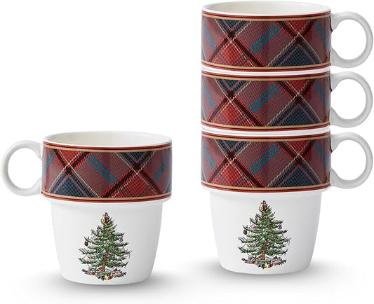 Spode Christmas Tree Tartan Stacking Mugs, Set of 4 – Festive Tartan Design Coffee Cups, 10oz Earthenware for Holidays, Colorful & Fun Stackable Cups, Great Gift for Seasonal Celebrations