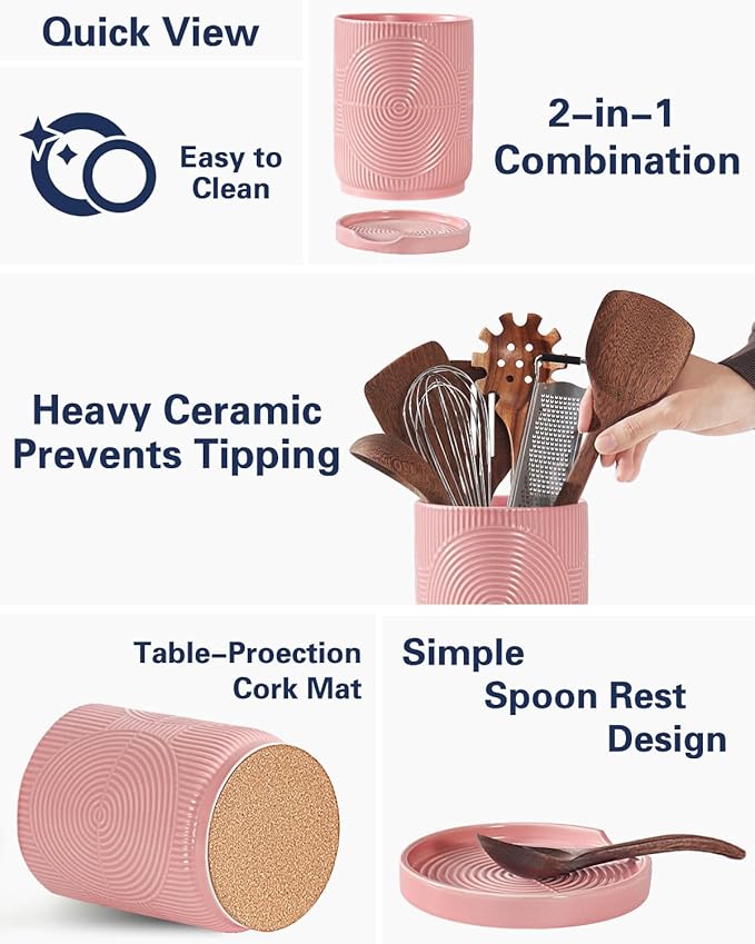 Utensil Holder, 7.2" Kitchen Utensil Holder for Counter, 2-in-1 Ceramic Cooking Utensils Holders with Spoon Rest, Utensil Crock for Spatula, Ideal Housewarming Gift (Pink)