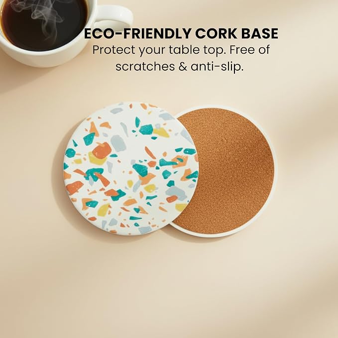 Terrazzo Coasters Set of 6, Ceramic Absorbent Drink Coasters, Cute Mid Century Boho Coaster, Coffee Table Desk Decor, Colorful Stone Coaster for Drinks