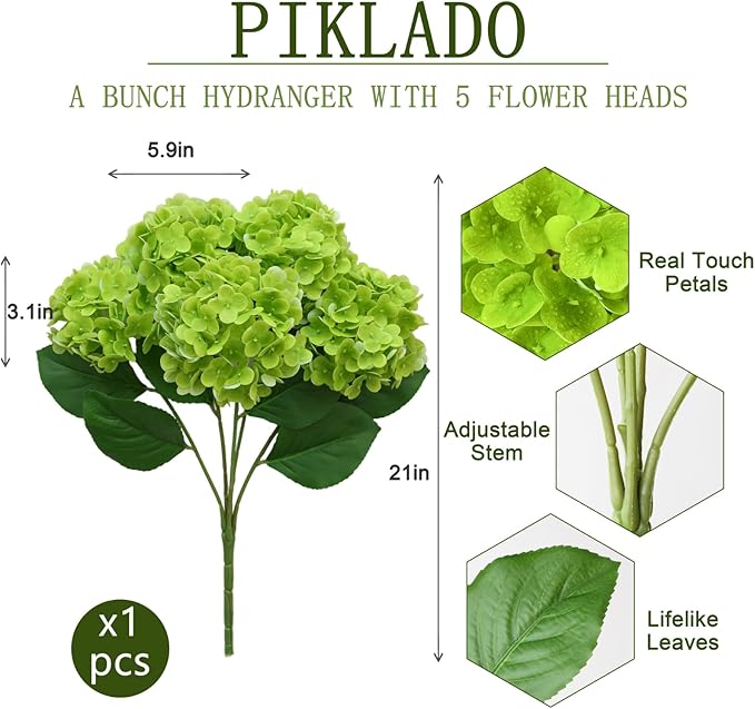 A Bunch 21in, Real Touch Green Hydrangea Artificial Flowers, with 5pcs Flower Head 10pcs Leaves,Faux Hydrangea Flowers for Home Office Decor Wedding Party Arrangements (1, Green)