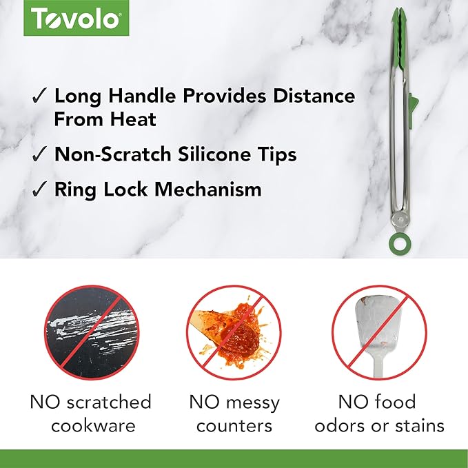 Tovolo Tongs With Silicone Tips Easy Grip 13” Long Kitchen Tongs Stainless Steel Handle For Cooking, Non Scratch Heat Resistant Locking Tongs Silicone Tipped Dishwasher Safe BPA Free, Pesto Green