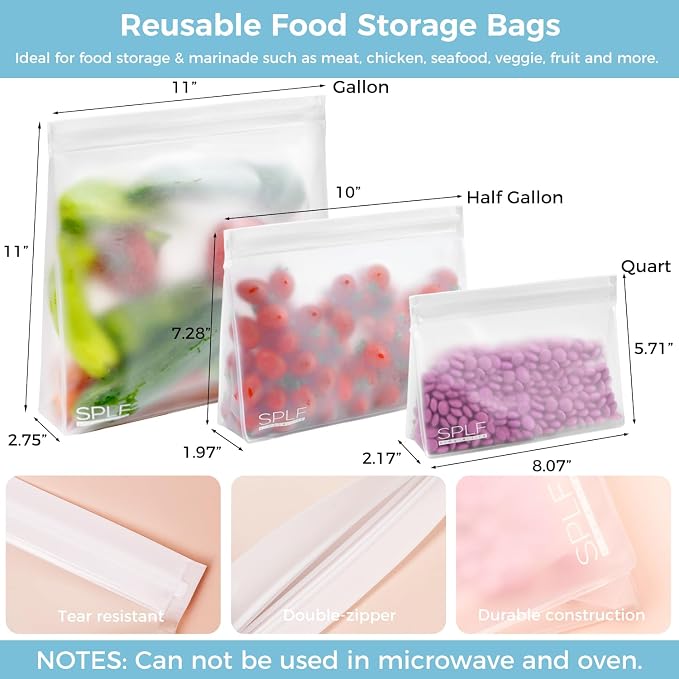 SPLF 6 Pack Dishwasher Safe Reusable Sandwich Bags, Quart freezer bags, Reusable Food Storage Bags, BPA FREE Stand Up Extra Thick Leakproof Silicone Free Zipper Snack Lunch Freezer Bags