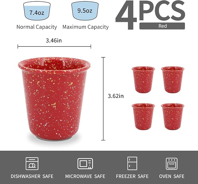 Coffee Cups Ceramic Farmhouse Speckled Handleless 10oz Set of 4, for Latte, Cappuccino, Mocha, Cocoa, Stackable, Drip-Free, Lead-Free, Microwave & Dishwasher Safe, Red
