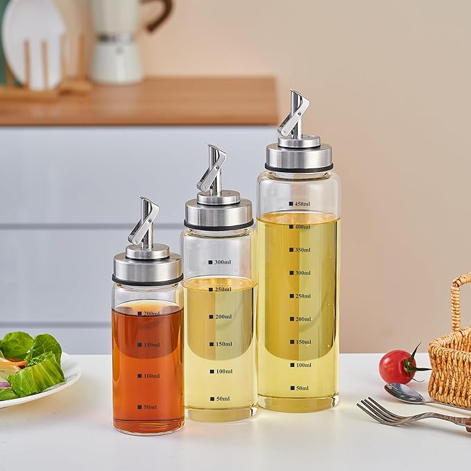 Verdental 7 oz Small Glass Oil Dispenser Bottle for Kitchen Stainless Steel Cruet Pourer Spout for Olive Oil Vinegar Coffee Syrup Soy Sauce Other Liquids with Non-slip Silicone Ring and Labels (200ml)