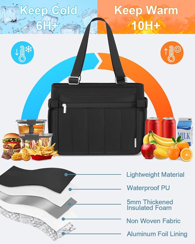Insulated Lunch Box for Women Lunch Bag - Large Lightweight Lunchbox - Leakproof Cooler Tote Bag with Adjustable Shoulder Strap for Adult Work Office Camping Outdoor Picnic Travel Shopping 15L Black