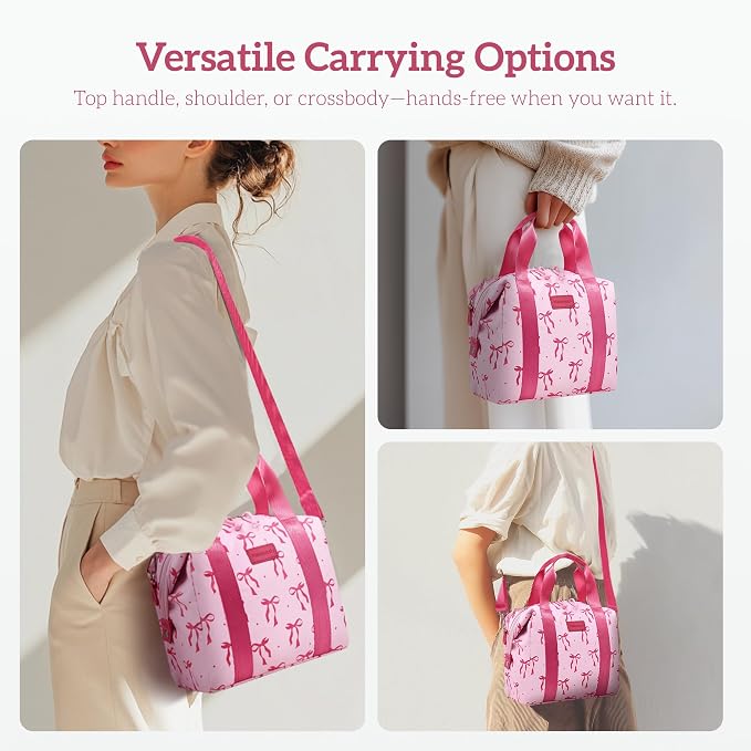 Lunch Bag Women Insulated Lunch Box,Cute Large Lunch bags,Reusable Leakproof Cooler Bag with Adjustable Shoulder Strap, Aesthetic Lunch Tote for Work Office Picnic Pink bow