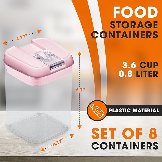 Set of 8 Airtight Food Storage Containers - Pantry Organizer Bins, BPA Free Plastic Containers plus Dry Erase Marker and Labels, Pink