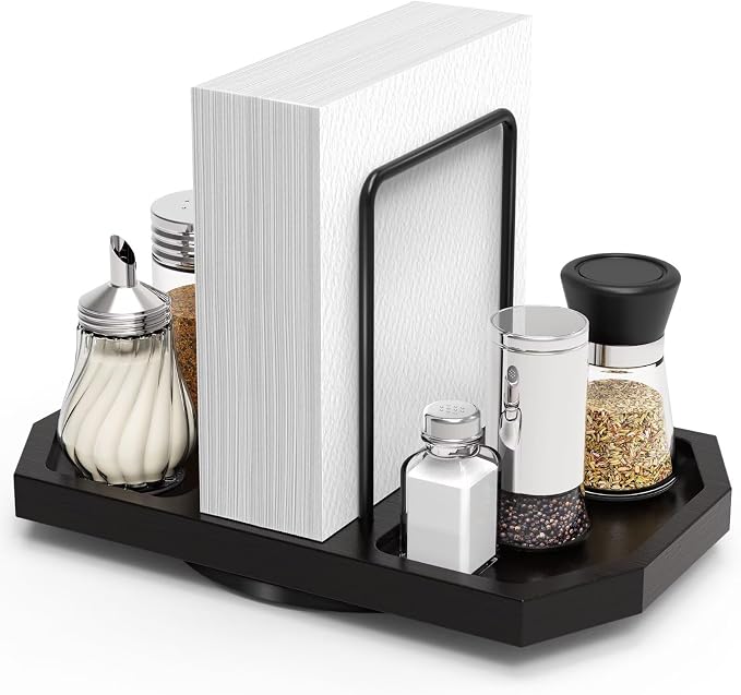 Napkin Holder for Table, Rotating Napkin Dispenser with Salt and Pepper Shakers Storage, Standing Paper Napkin Organizer for Kitchen Dining Table Decor (1, Black)