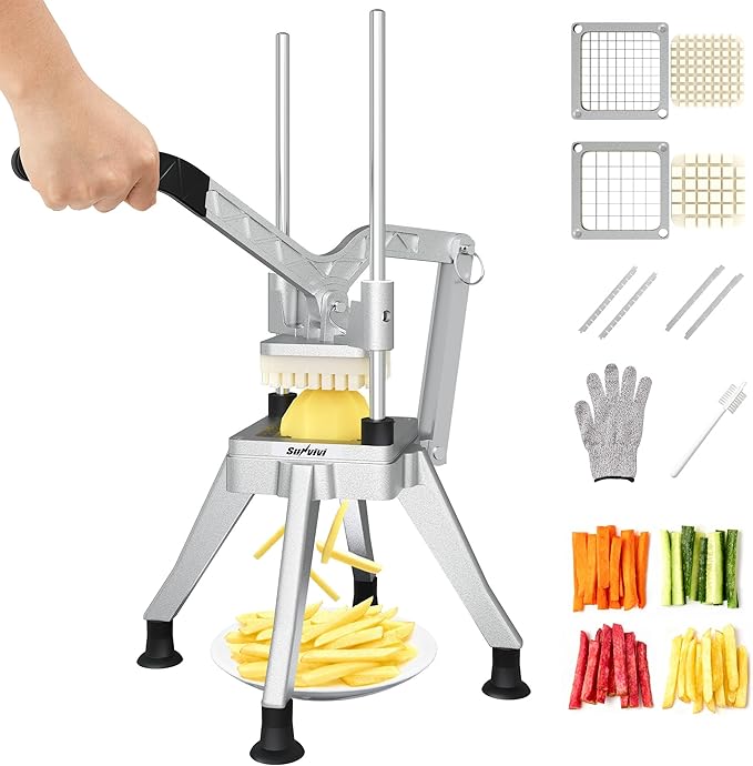 Commercial French Fry Cutter, Heavy Duty Potato Slicer with 1/2 Inch and 3/8 Inch Blade, Professional Fries Cutter for Restaurant & Home Kitchen, Stainless Steel