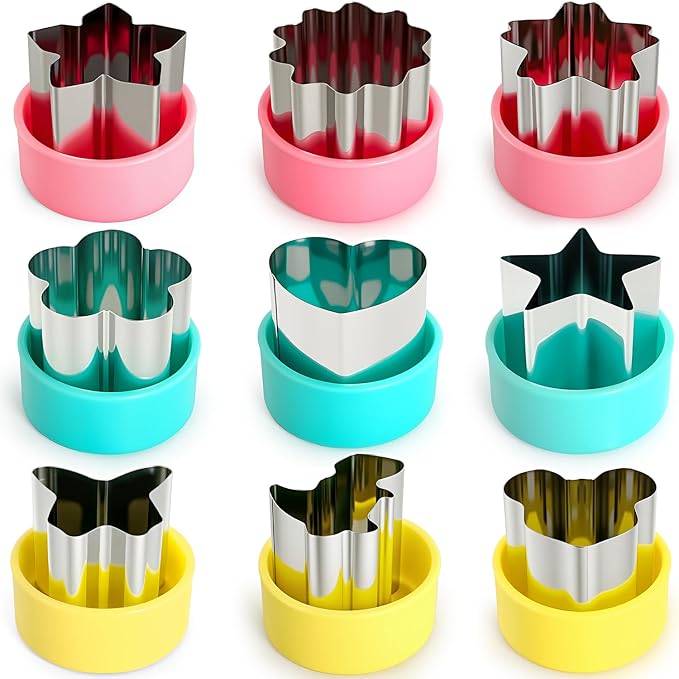 Mini Fruit Vegetable Cookie Cutters Shapes Set - 9Pcs 1.5 inch | Stainless Steel, Detachable PP Covers, Safe for Kids, Dishwasher Safe, Can Cut Cheese, Sandwich, Fondant, Dough, Craft Clay