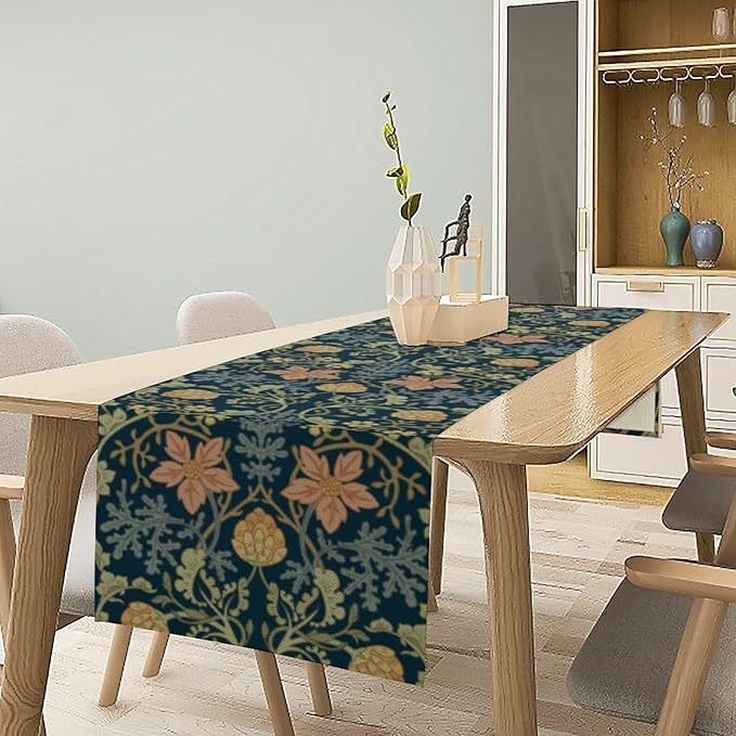 William Morris Floral Table Runner,Retro Floral Botanical Art Rustic Decor Table Runner for Home Indoor Outdoor Kitchen Holiday Birthday Party Wedding Decor 13x90 Inch