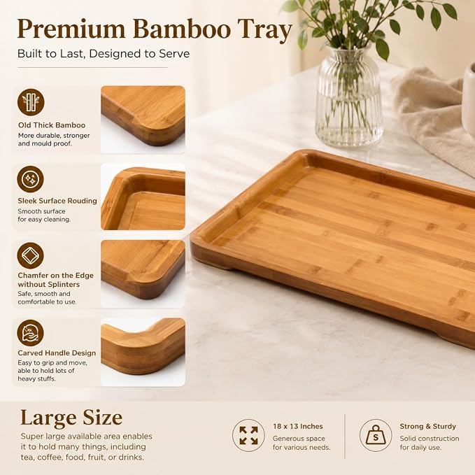 Bamber Large Bamboo Serving Tray Decorative Coffee Tea Platter 18 x 13 x 1.2 Inches