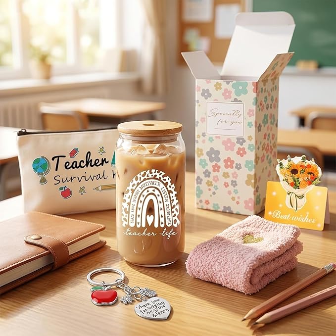 8 PCS Teacher Appreciation Gift Set, Teacher Survival Kit with Glass Cup, Bamboo Lid, Fuzzy Socks & Pouch Bag, Thank You Gift for Women (Best Teacher Ever-g05)