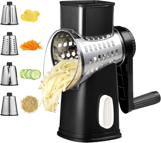 Rotary Cheese Grater with 4 Blades, Hand Crank Cheese Grater with Waffle Slicer, Red, Black and White Cheese Shredder with Suction Base, Easier for Shredding & Grating (Black)