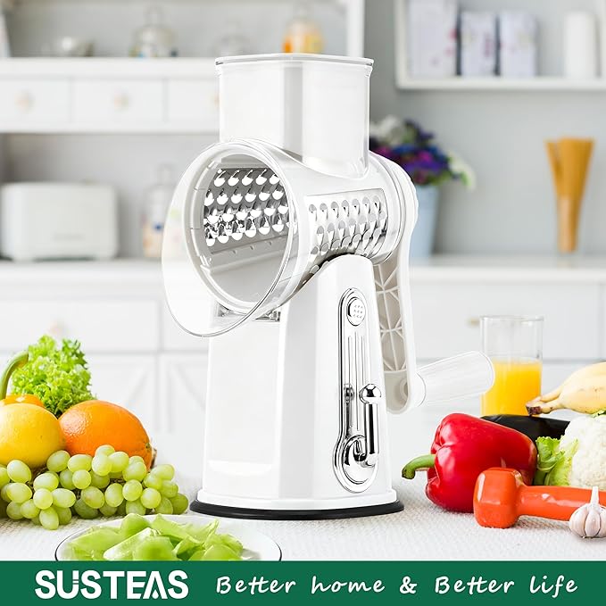 SUSTEAS Rotary Cheese Grater with Handle - Vegetable Shredder with 5 Well-designed Blades & Strong Suction Base,Round Mandoline Slicer & Food Chopper for Kitchen,with Blade Storage Box(White)