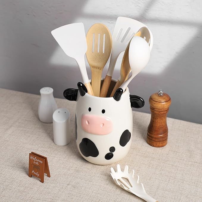 Ceramic Cartoon Cow Shaped Kitchen Utensil Holder, Large Cooking Utensil Crocks, Ceramic Utensil Organizer for Spatula, Kitchen, Home Decoration