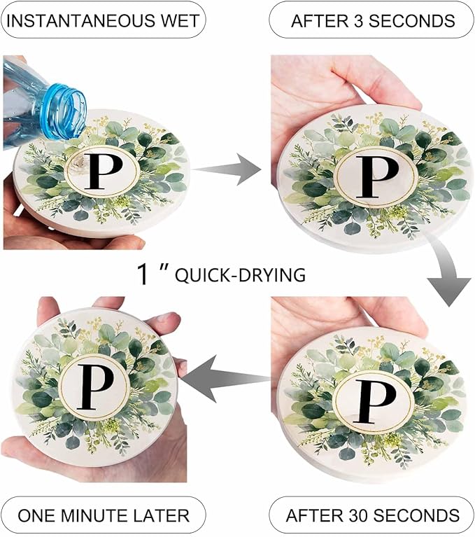 Coasters Set of 6 Letter P Drink Coasters with Holder Absorbent Stone Ceramic Cup Mat Alphabet Green Eucalyptus Leaves Coaster for Drinks Coffee Bar Office Kitchen Cafe Home Decor
