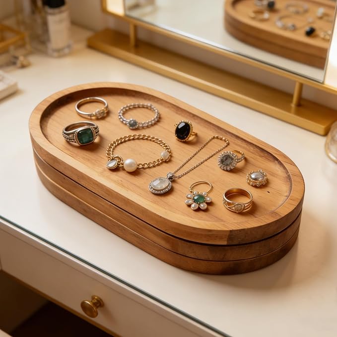 Wood Tray Set of 6, Oval Acacia Wood Serving Board Bulk, Small Charcuterie Boards, Wooden Serving Platters for Cheese Bread Fruit Dessert Tea, Kitchen Dining Catering Trays