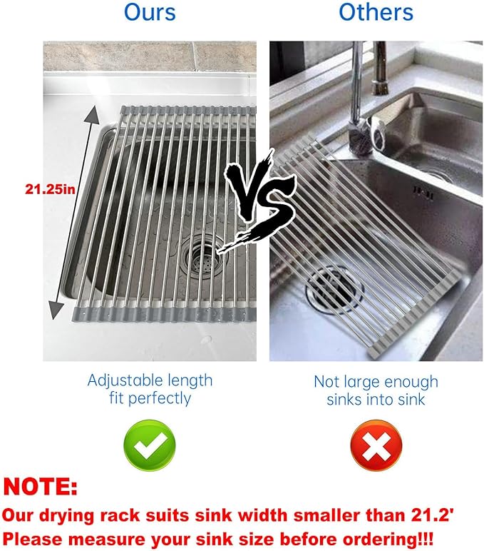 CHIRISEN Expandable Roll Up Dish Drying Rack Large, Foldable Over The Sink Dish Drying Rack, Collapsible Stainless Steel Drainer Over Sink Dish Drying Rack for Kitchen Counter (Black, 21.25''x12.79'')