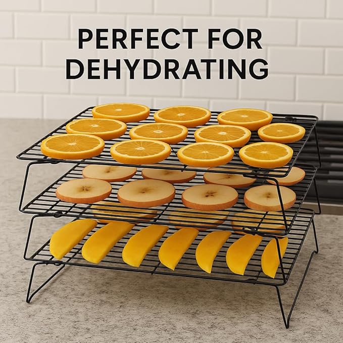 3 Tier Stackable Cooling Rack for Baking – 15.75" x 10" Carbon Steel Wire Cookie Cooling Racks, Multi-Level Stackable Cookie Rack for Cakes, Pastries & Fruit – Collapsible & Dishwasher Safe