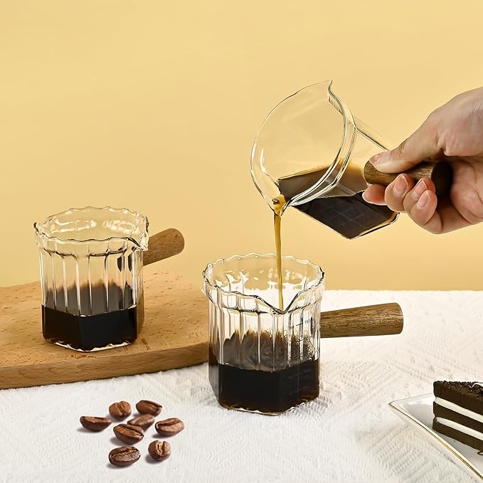 Glass Measuring Cup, 5oz Espresso Shot Glass with Wood Handle, Single Spout Measuring Triple Pitcher Milk Cup for Coffee Tea (Transparent Ribbed)