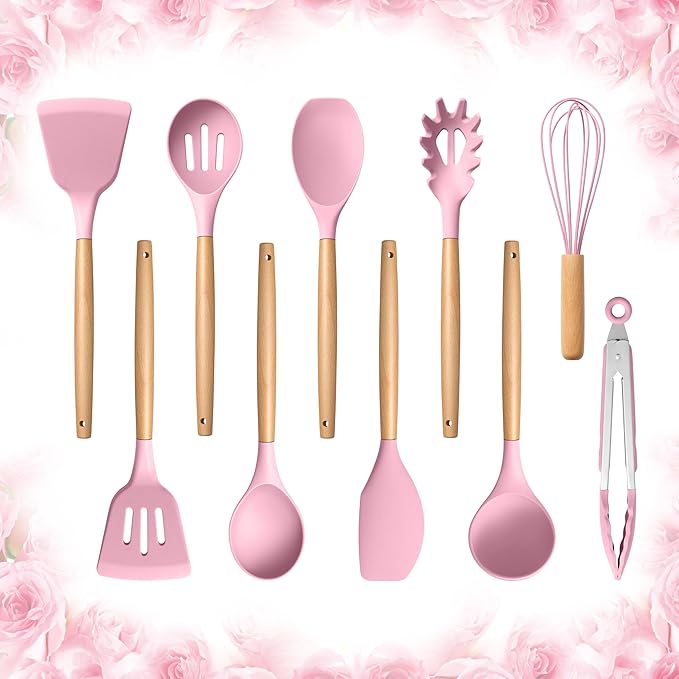 E-far Silicone Cooking Utensils Set, 10-Piece Kitchen Utensils Set with Wooden Handle for Cooking, Non-toxic Silicone Kitchen Nonstick Tools Spatula Whisk Tongs Ladle, Heat Resistant & Health, Pink