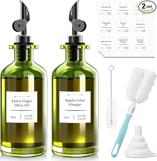 COOLMI Olive Oil Dispenser Set of 2, Dark Green Glass Bottles, 12 oz | Black Auto-Flip Drip-Control Spouts, Funnel, 2 Brushes, And 45 Labels For Oil, Vinegar, Soy Sauce, And Syrup.