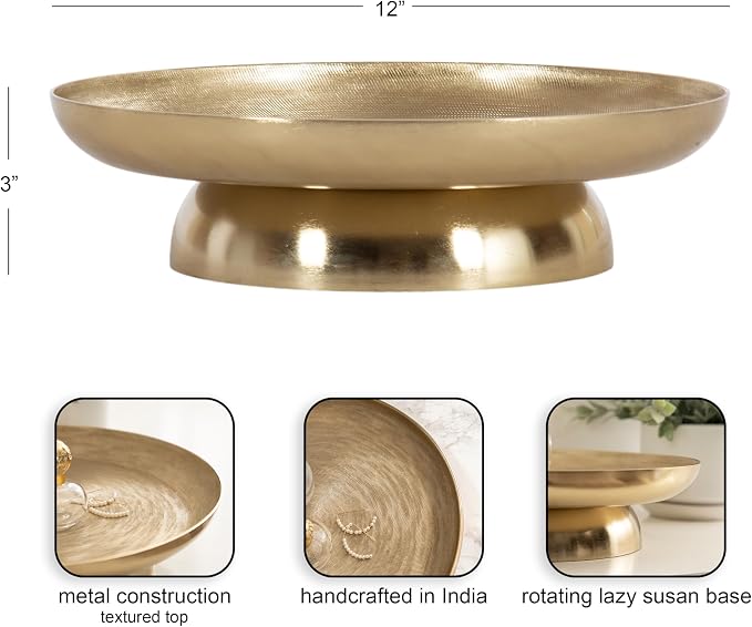Kate and Laurel Stovring Modern Metal Round Lazy Susan, 12 Inch Diameter, Gold, Transitional Aluminum Circular Rotating Pedestal Tray Organizer for Tabletop Decor or Kitchen Storage