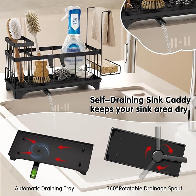VOOWO Sponge Holder for Kitchen Sink, Compact Sink Caddy with Detachable Brush Holder and Towel Rack, Stainless Steel Kitchen Sink Organizer for Dish Sponge, Soap Dispenser Storage Accessories (Black)