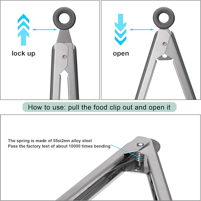 4in1 Stainless Steel Kitchen Food Tongs Set for Cooking with Silicone Tips, Toaster Steak Pie Pizza Pasta Spaghetti Noodles Salad Fruit Vegetable Grill BBQ Buffet Clamp Serving Tools Gadgets