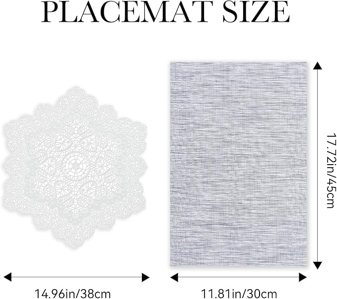 BACKTOEDEN Placemats Set of 6 Heat Resistant Washable Wipeable Placemat Woven Non-Slip Foldable Vinyl/Plastic Place Mats Indoor/Outdoor Mat Kitchen Dining Table Pad, White Snowflake & Gray