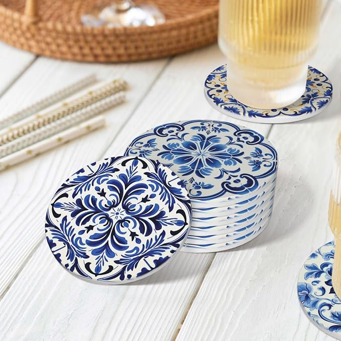 Coaster for Drinks Set of 6, Blue Vintage Spanish Ceramic Floral Absorbent Round Ceramic Stone Mat, with Cork Base and Metal Holder, Gift for Housewarming Room Bar Decor (Azulejo Tile-4)