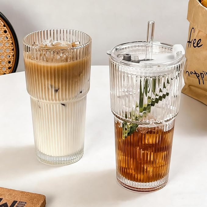 2 Pack Iced Coffee Cup with Lids, 20oz Clear Glass Tumbler with Straw & Lid, Ribbed Glassware Cups, Dishwasher Safe Drinking Glasses, Stylish Glass Cups for Coffee, Juice, Tea, Matcha