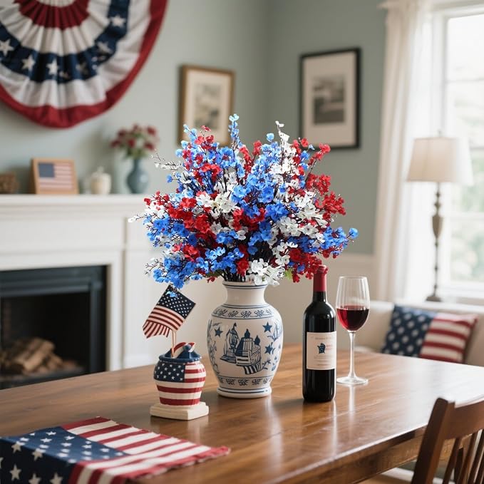 DoubleWood 4 of July Decor Artificial Flowers Indoor, 10PCS Red White and Blue Artificial Babys Breath Flowers, Patriotic Decor for Floral Arrangement Table Centerpieces (10, Red, White and Blue)